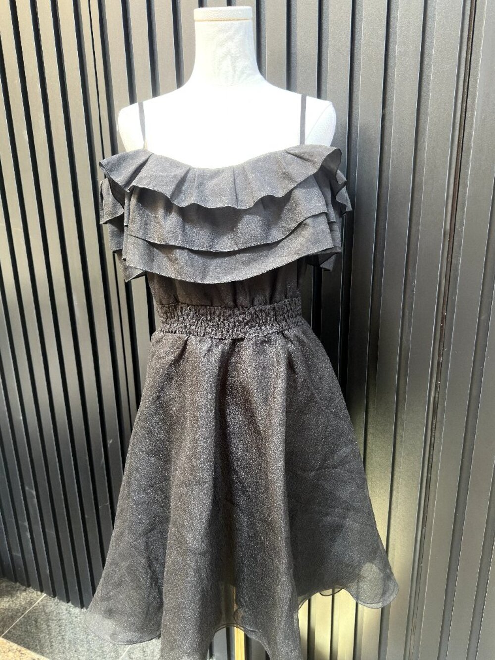 Black Metallic Shimmer Ruffle Mini Dress Smocked Waist Full Skirt